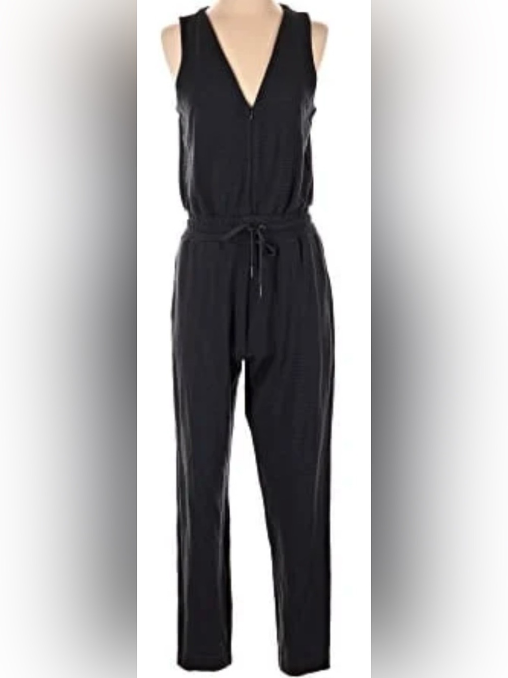 Splendid Sleeveless V-neck Black Jumpsuit w Drawstring Waist & Tapered Legs
